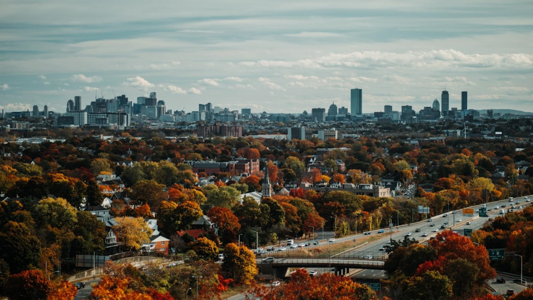 Boston fall foliage vibrant tree-lined street
